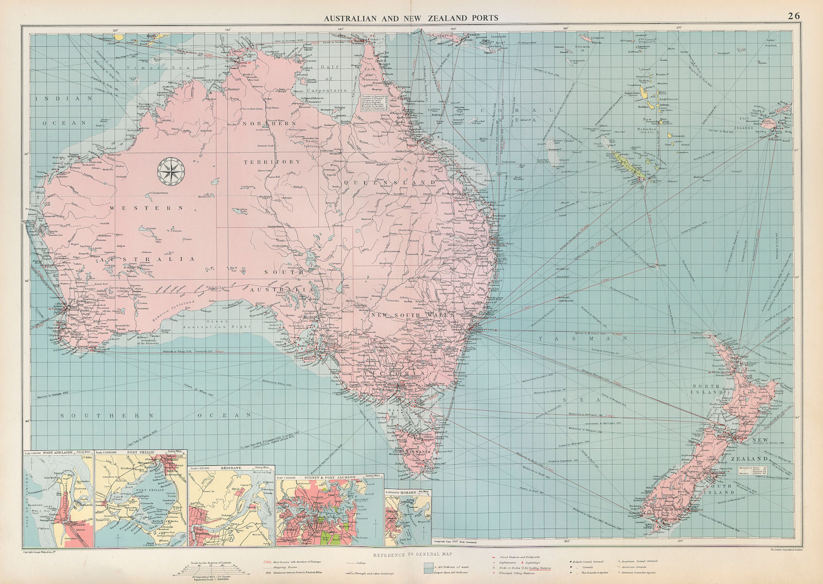 Australian & New Zealand ports chart lighthouses mail route LARGE 1952 old map
